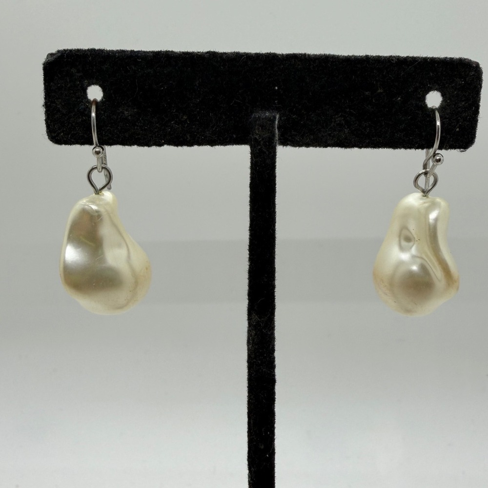Cream Baroque Faux Pearl Drop Earrings Silver Tone French Wire Dangle